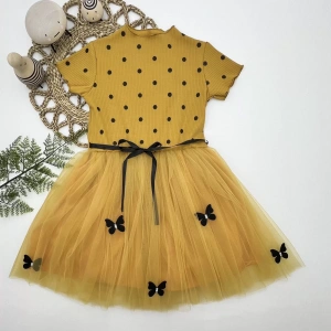 Eterelle 5-6-7 Yaş Puantiyeli Kelebek Etekli Astarlı Kız Çocuk Elbisesi Hardal