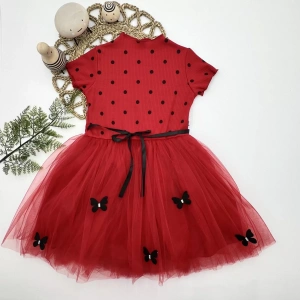 Eterelle 5-6-7 Yaş Puantiyeli Kelebek Etekli Astarlı Kız Çocuk Elbisesi Kırmızı