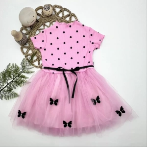 Eterelle 5-6-7 Yaş Puantiyeli Kelebek Etekli Astarlı Kız Çocuk Elbisesi Pembe