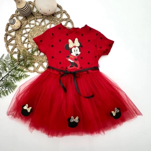 Eterelle 2-3-4 Yaş Puantiyeli Mickey Baskılı Kurdela Kuşaklı Astarlı Kız Bebek Tütü Elbisesi Kırmızı