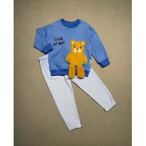 Eterelle 2-3-4 Yaş Ayıcık Sallanan Ayak Desenli Likra Penye Kumaş Sweat Pantolonlu Kız Erkek 2li Çocuk Takımı İndigo