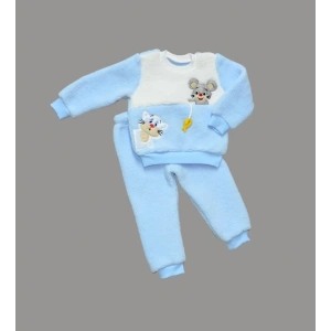 Eterelle 1-2-3 Yaş Sallanan Balık Nakışlı Kuzu Kumaş Sweat Pantolon Uzun Kollu Kız Erkek 2 Li Takımı Mavi