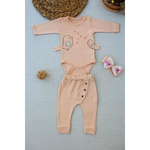 Eterelle 3-6 6-9 9-12 Ay Şarkıcı Kuşlar Nakışlı Bandanalı Uzun Kollu Zıbınlı 3lü Kız Bebek Takımı Buğday