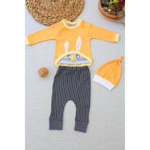 Eterelle 3-6 6-9 9-12 Ay Şımarık Tavşan Nakışlı Şapkalı Uzun Kollu Sweat 3lü Kız-erkek Bebek Takımı Turuncu