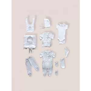 Eterelle Taçlı Prensesim Nakışlı  10lu Zıbın Takımı Hastane Çıkışı Ekru