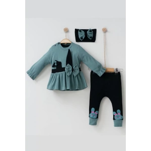 Eterelle Tavşan Kulaklı Fiyonk Desenli Bandanalı Kız Bebek Takımı