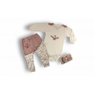 Eterelle 3-6 6-9 9-12 Ay Tb Çiçek Nakışlı Bandanalı Uzun Kollu Zıbınlı 3lü Kız Bebek Takımı Ekru