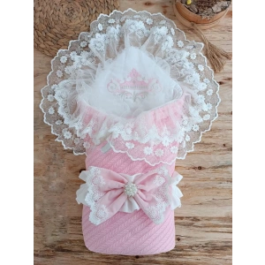 Eterelle Tericotton Taç Nakışlı İncili Güpür Çift Fiyonk Papatya Güpür Trilüks Kundak Bebek Battaniyesi Pembe