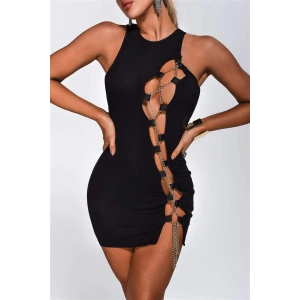 Terry Pau Bayan Zincirli Siyah Mini Elbise