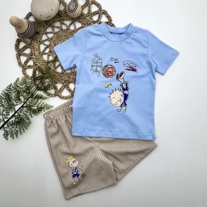 Eterelle 1-2-3 Yaş Topçu Erkek Çocuk Baskılı Şortlu Kısa Kollu Tişört 2li Erkek Bebek Takımı Mavi