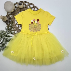 Eterelle 1-2-3 Yaş Tül Fiyonk Çiçekler Nakışlı Astarlı Kız Bebek Tütü Elbisesi Sarı