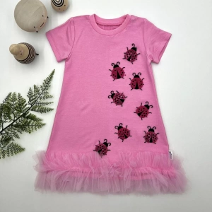 Eterelle 1-2-3 Yaş Uğur Böceği Nakışlı Fırfır Uçlu Kız Çocuk Jile Elbisesi Pembe