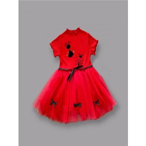 Eterelle 1-2-3 Yaş Uğur Böceği Nakışlı Kurdela Kuşak Kız Çocuk Elbisesi Kırmızı