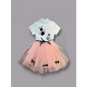 Eterelle 1-2-3 Yaş Uğur Böceği Nakışlı Kurdela Kuşak Kız Çocuk Elbisesi Somon-ekru