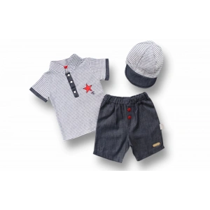 Eterelle 6-9 9-12 12-18 Ay Vip Yaka Şapkalı Kısa Kollu Sweat 3lü Erkek Bebek Takımı Gri