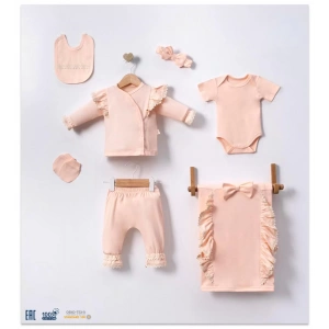 Eterelle Yakası Fırfır Detaylı Kız Bebek 7 Parça Battaniyeli Hastane Çıkışı Seti