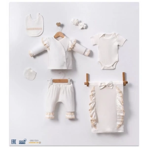 Eterelle Yakası Fırfır Detaylı Kız Bebek 7 Parça Battaniyeli Hastane Çıkışı Seti