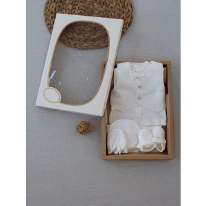 Eterelle 0-6 Ay Yelekli Papyon Smokin Erkek Bebek Hediyelik, Mevlütlük, Sünnetlik 5 Parça Takım Beyaz