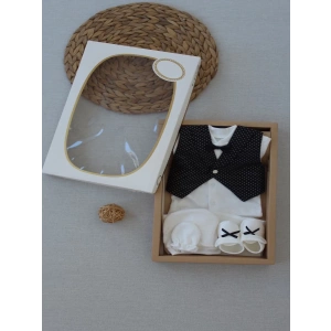 Eterelle 0-6 Ay Yelekli Papyon Smokin Erkek Bebek Hediyelik, Mevlütlük, Sünnetlik 5 Parça Takım Siyah