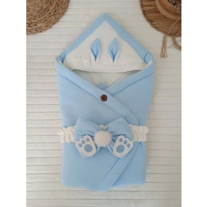 Eterelle Yenidoğan 4 Kat Müslin Kumaş Kulaklı Patili Fiyonk Bebek Battaniyesi Kundak Mavi