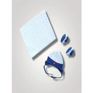 Eterelle Yenidoğan Baskılı Double Face Şapka Ve Patikli 3lü Bebek Battaniye Takımı Lacivert