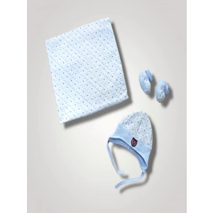 Eterelle Yenidoğan Baskılı Double Face Şapka Ve Patikli 3lü Bebek Battaniye Takımı Mavi