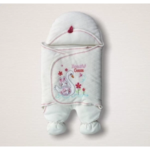 Eterelle Yenidoğan Çiçekli Ördek Nakışlı Şapkalı Kız Bebek Ayaklı Kundak Bebek Battaniyesi Ekru