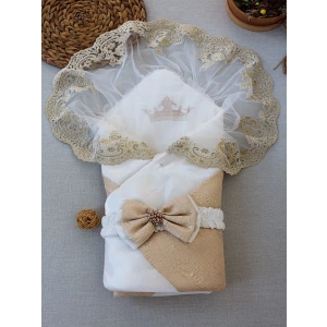 Eterelle Yenidoğan Gold Zümrüt Taşlı Prizma Taç Nakışlı Lüks Duvaklı Kumru Kundak Bebek Battaniyesi Gold