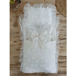 Eterelle Yenidoğan İzmir İncisi Tül İşlemeli Pamuklu Fiyonklu Kundaklı Lüks 3lü Alt Açma Seti Ekru