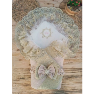 Eterelle Yenidoğan Kabartma Desenli Gold Çift Güpürlü Ve Fiyonklu Bebek Battaniyesi Kundak Gold