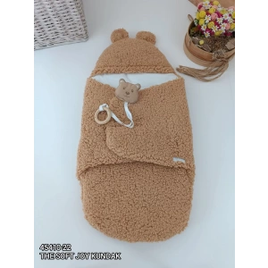 Eterelle Yenidoğan Kulaklı Şapkalı Açılır Kucaklı Cırt Kapamalı Bebek Battaniyesi Kundak Kahverengi