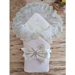 Eterelle Yenidoğan Kuzulu Taç Nakış Güpürlü Fiyonklu Duvaklı Prizma Taş Unisex Kundak Bebek Battaniyesi Pembe