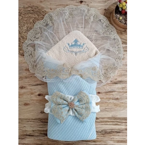 Eterelle Yenidoğan Kuzulu Taç Nakış Güpürlü Fiyonklu Duvaklı Prizma Taş Unisex Kundak Bebek Battaniyesi Mavi