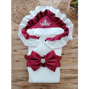 Eterelle Yenidoğan Mehtap Lüks Kelebek Taç Nakışlı Bebek Battaniyesi Kundak Bordo