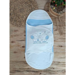 Eterelle Yenidoğan Mutlu Fil Ailesi Nakışlı Çıt Çıt Kapamalı Bebek Kundak Ekru-mavi