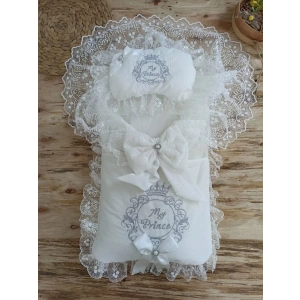 Eterelle Yenidoğan Nil Taç Nakışlı Hayal Güpürlü Trilüks Kundak Bebek Battaniyesi 3lü Alt Açma Seti Gri