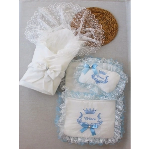 Eterelle Yenidoğan Nil Taç Nakışlı Kundaklı Trilüks 3lü Alt Açma Seti Mavi