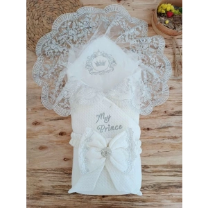 Eterelle Yenidoğan Pamuk Taç Benim Prensim Nakışlı Trilüks Kundak Bebek Battaniyesi Ekru