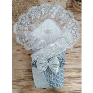 Eterelle Yenidoğan Piramit Desenli Güpür İşlemeli Bebek Battaniyesi Kundak Gümüş