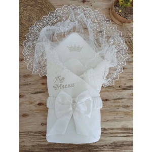 Eterelle Yenidoğan Sahra Taç Benim Prensesim Nakışlı Kundak Bebek Battaniyesi Ekru