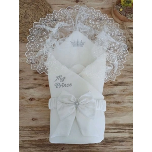 Eterelle Yenidoğan Sahra Taç Benim Prensim Nakışlı Kundak Bebek Battaniyesi Ekru