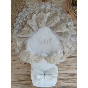 Eterelle Yenidoğan Sahra Taç Nakışlı Gold Angel Trilüks Kundak Bebek Battaniyesi Ekru