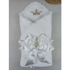 Eterelle Yenidoğan Sahra Taç Nakışlı Topçik Kenar Lüks Kundak Bebek Battaniyesi Ekru