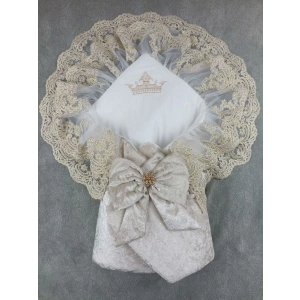 Eterelle Yenidoğan Saray Kadife Taç Nakışlı İnci Fiyonklu Çift Dantel Duvak Trilüks Kundak Bebek Battaniyesi Vizon-gold