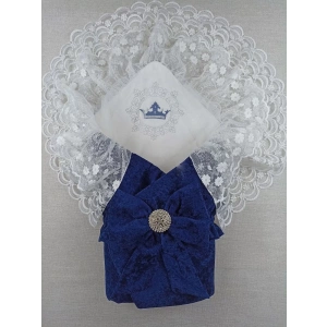 Eterelle Yenidoğan Saray Kadife Taç Nakışlı İnci Fiyonklu Çift Dantel Duvak Trilüks Kundak Bebek Battaniyesi Lacivert