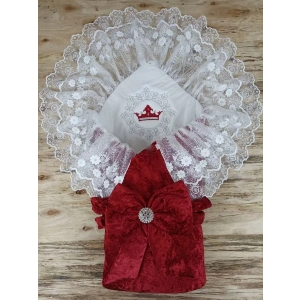 Eterelle Yenidoğan Saray Kadife Taç Nakışlı İnci Fiyonklu Çift Dantel Duvak Trilüks Kundak Bebek Battaniyesi Bordo