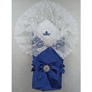 Eterelle Yenidoğan Saray Kadife Taç Nakışlı İnci Fiyonklu Dantel Duvak Trilüks Kundak Bebek Battaniye Lacivert