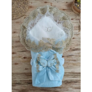 Eterelle Yenidoğan Soft Kumru Melek Kanat Fiyonklu Gold Çift Dantel Duvaklı Trilüks Kundak Bebek Battaniyesi Mavi