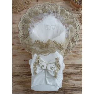 Eterelle Yenidoğan Soft Kumru Melek Kanat Fiyonklu Gold Çift Dantel Duvaklı Trilüks Kundak Bebek Battaniyesi Ekru