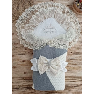 Eterelle Yenidoğan Teri Cotton Taç Nakışlı Prizma Taş Kundak Bebek Battaniyesi Krem